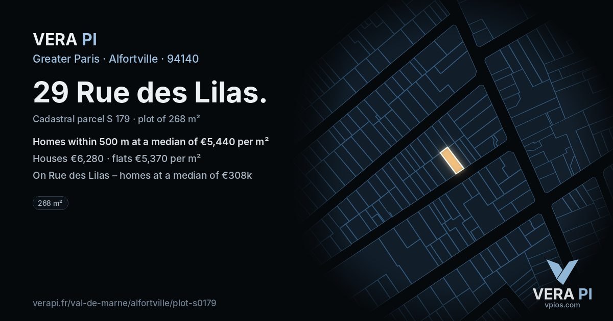29 Rue des Lilas, Alfortville at night – the plot lit, the parcels around coloured by the prices near them