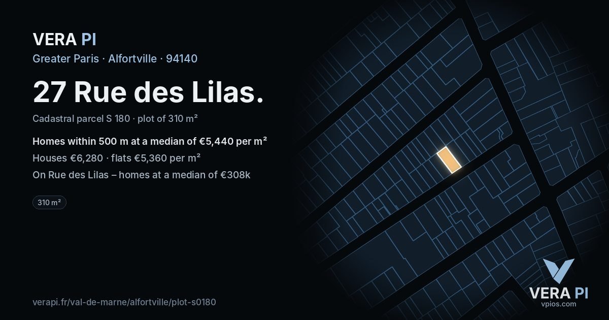 27 Rue des Lilas, Alfortville at night – the plot lit, the parcels around coloured by the prices near them