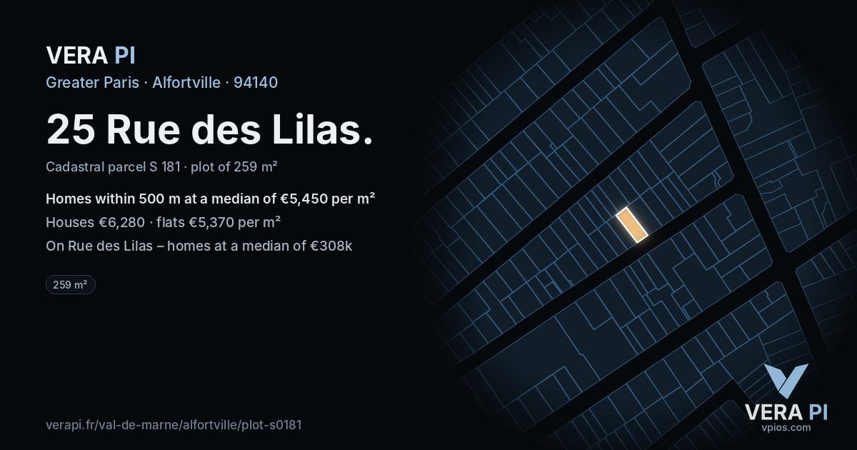 25 Rue des Lilas, Alfortville at night – the plot lit, the parcels around coloured by the prices near them