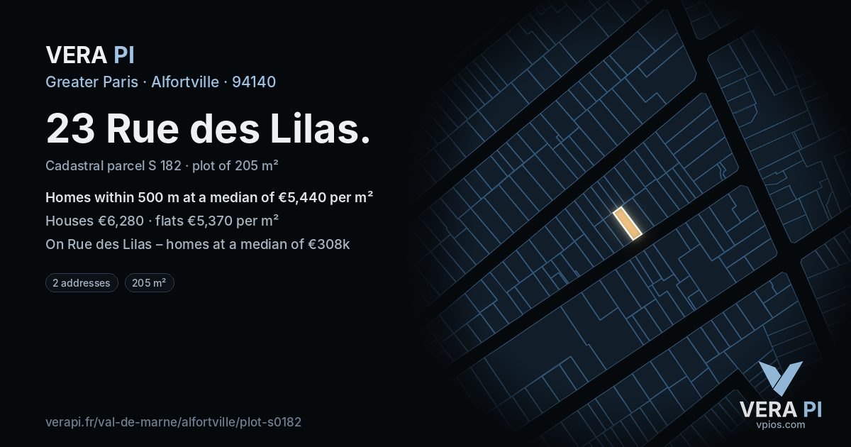 23 Rue des Lilas, Alfortville at night – the plot lit, the parcels around coloured by the prices near them