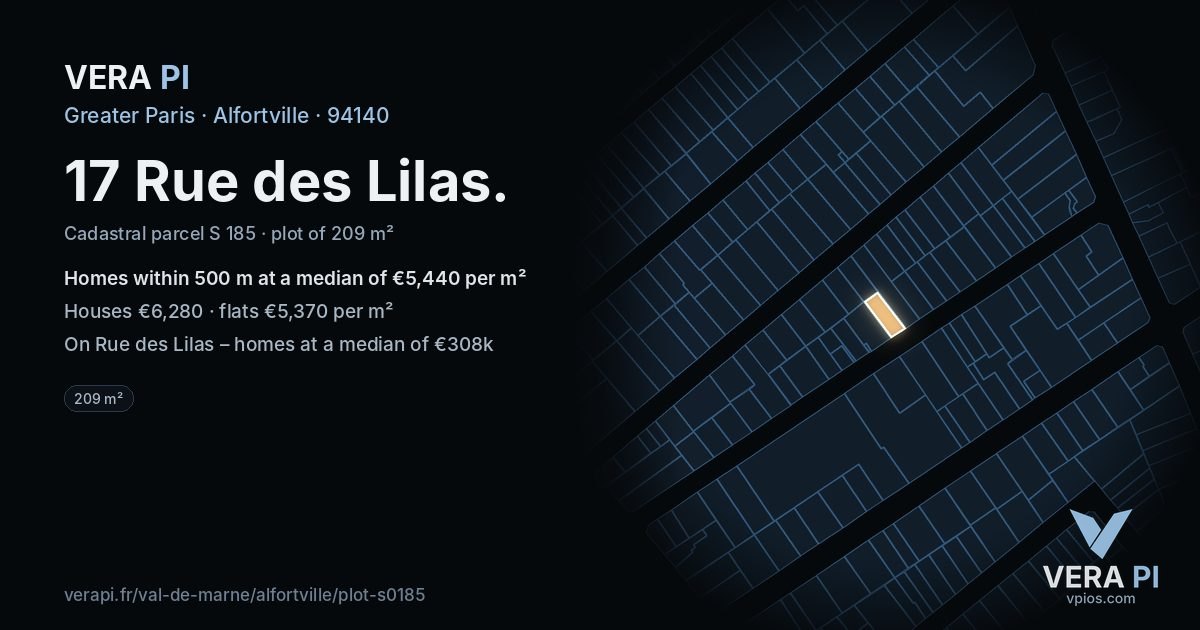17 Rue des Lilas, Alfortville at night – the plot lit, the parcels around coloured by the prices near them