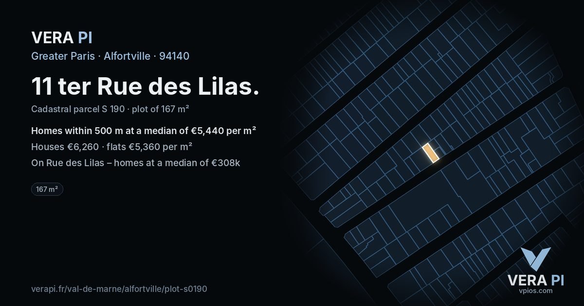 11 ter Rue des Lilas, Alfortville at night – the plot lit, the parcels around coloured by the prices near them