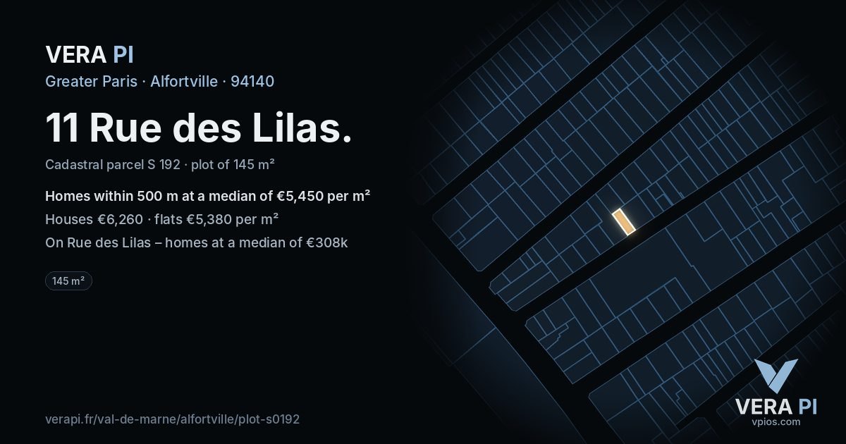 11 Rue des Lilas, Alfortville at night – the plot lit, the parcels around coloured by the prices near them