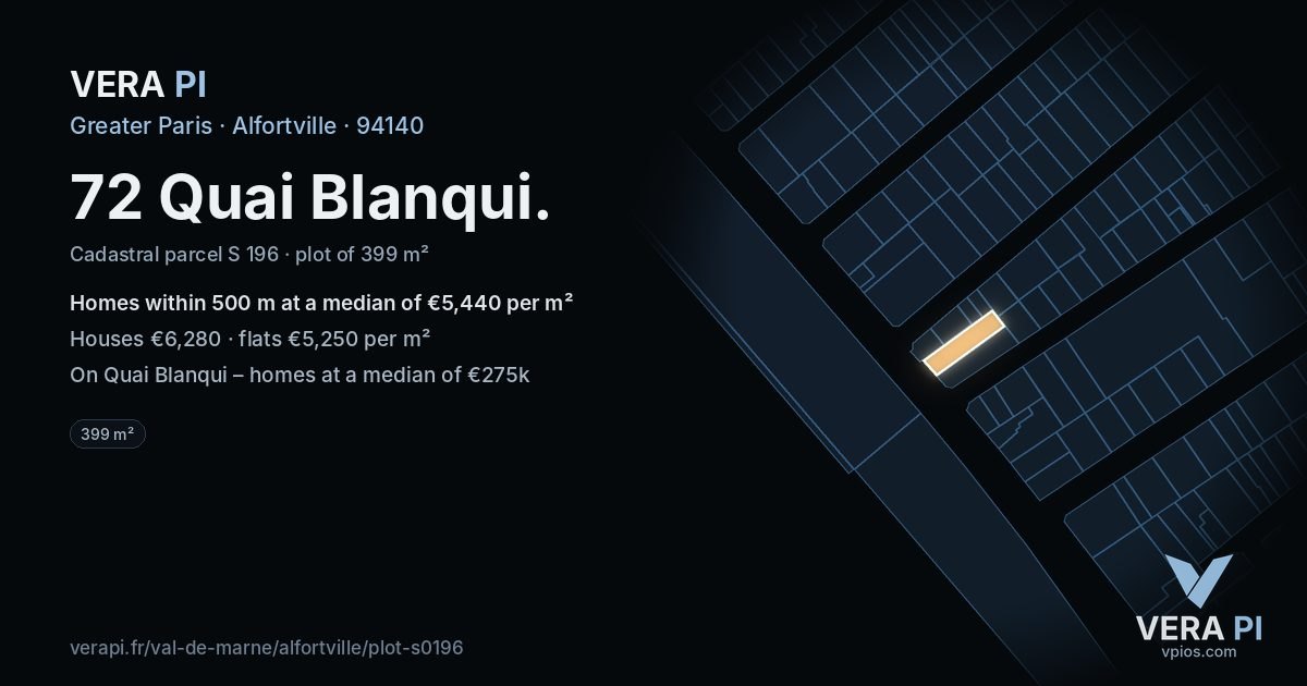 72 Quai Blanqui, Alfortville at night – the plot lit, the parcels around coloured by the prices near them