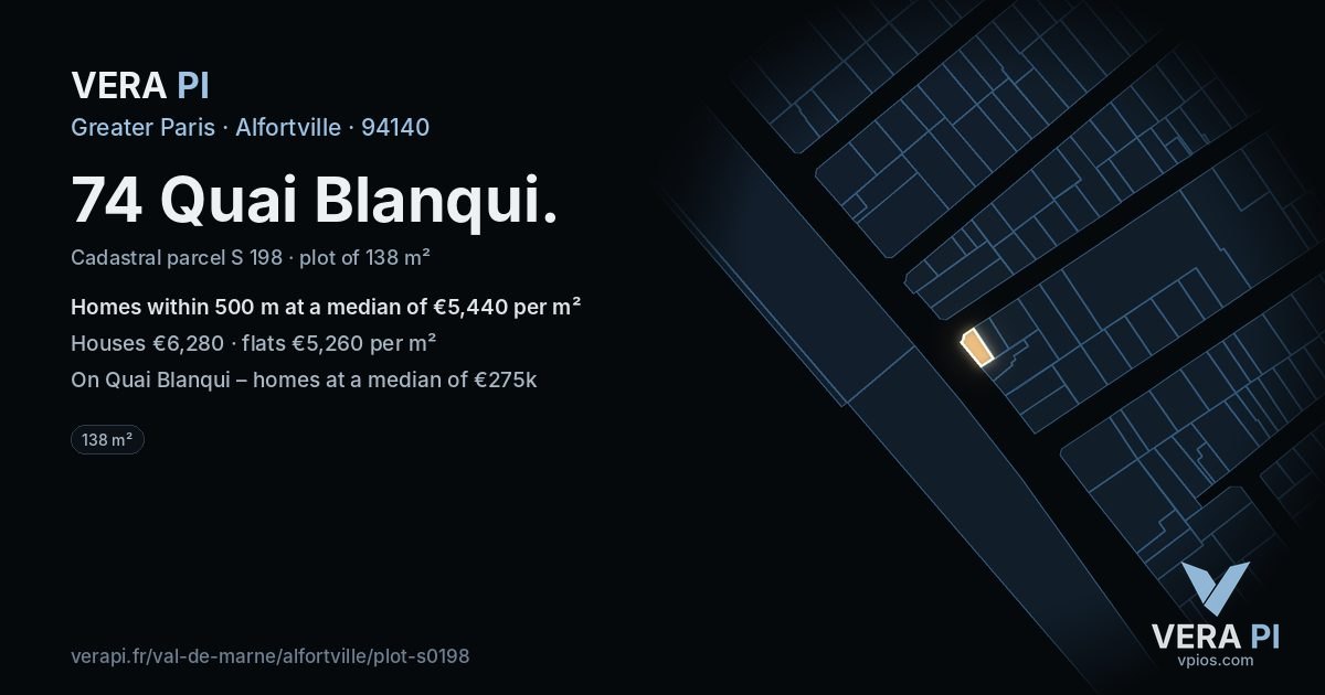 74 Quai Blanqui, Alfortville at night – the plot lit, the parcels around coloured by the prices near them
