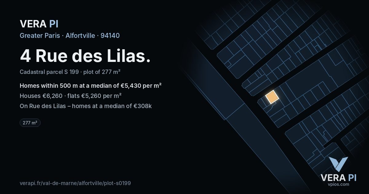 4 Rue des Lilas, Alfortville at night – the plot lit, the parcels around coloured by the prices near them