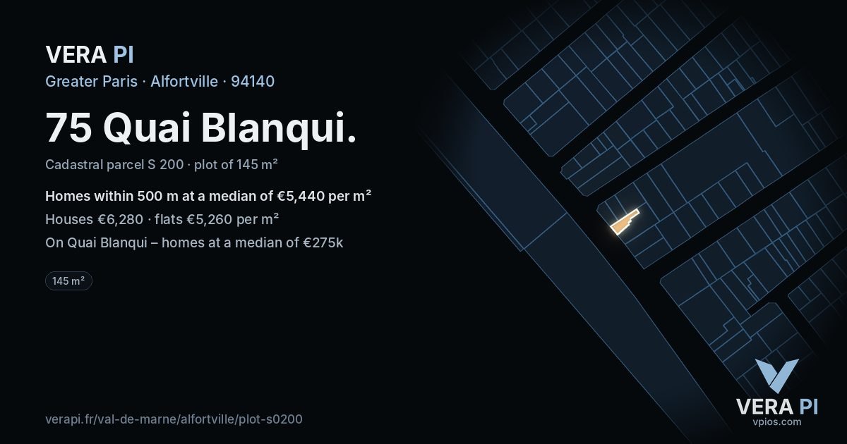 75 Quai Blanqui, Alfortville at night – the plot lit, the parcels around coloured by the prices near them