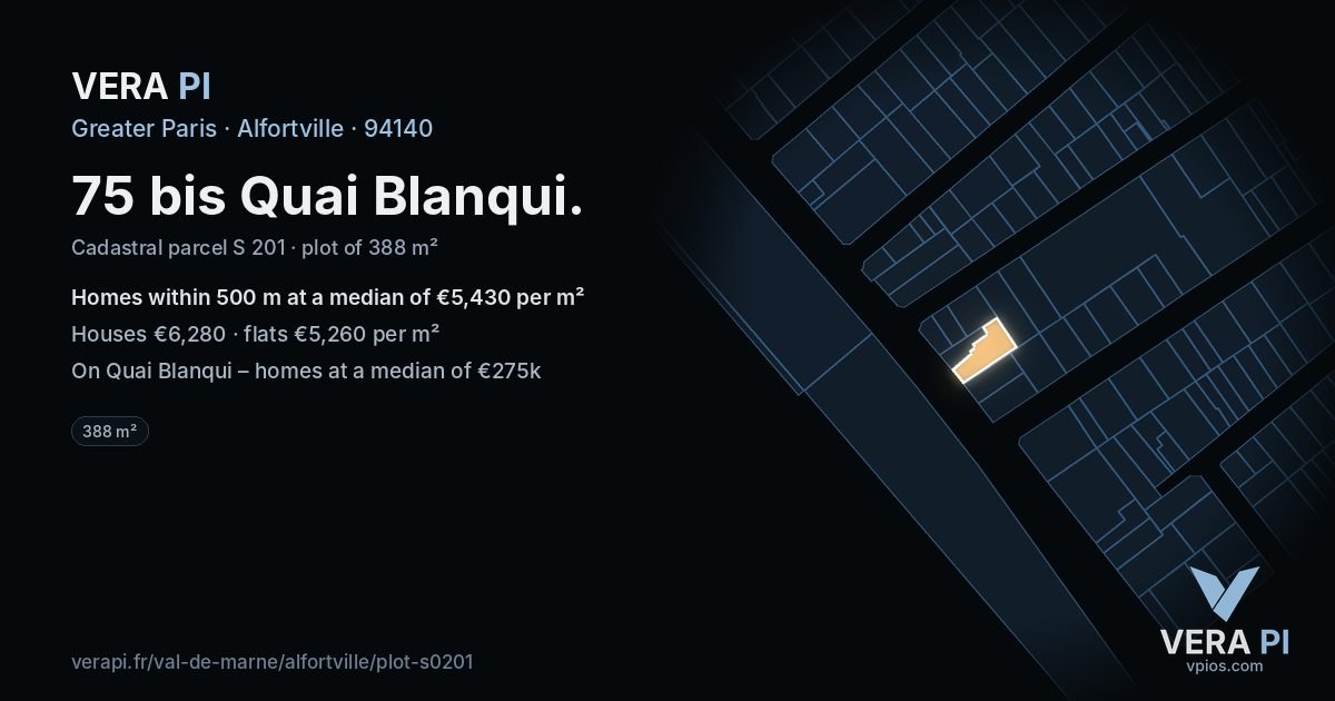 75 bis Quai Blanqui, Alfortville at night – the plot lit, the parcels around coloured by the prices near them