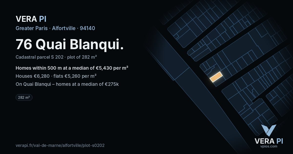 76 Quai Blanqui, Alfortville at night – the plot lit, the parcels around coloured by the prices near them