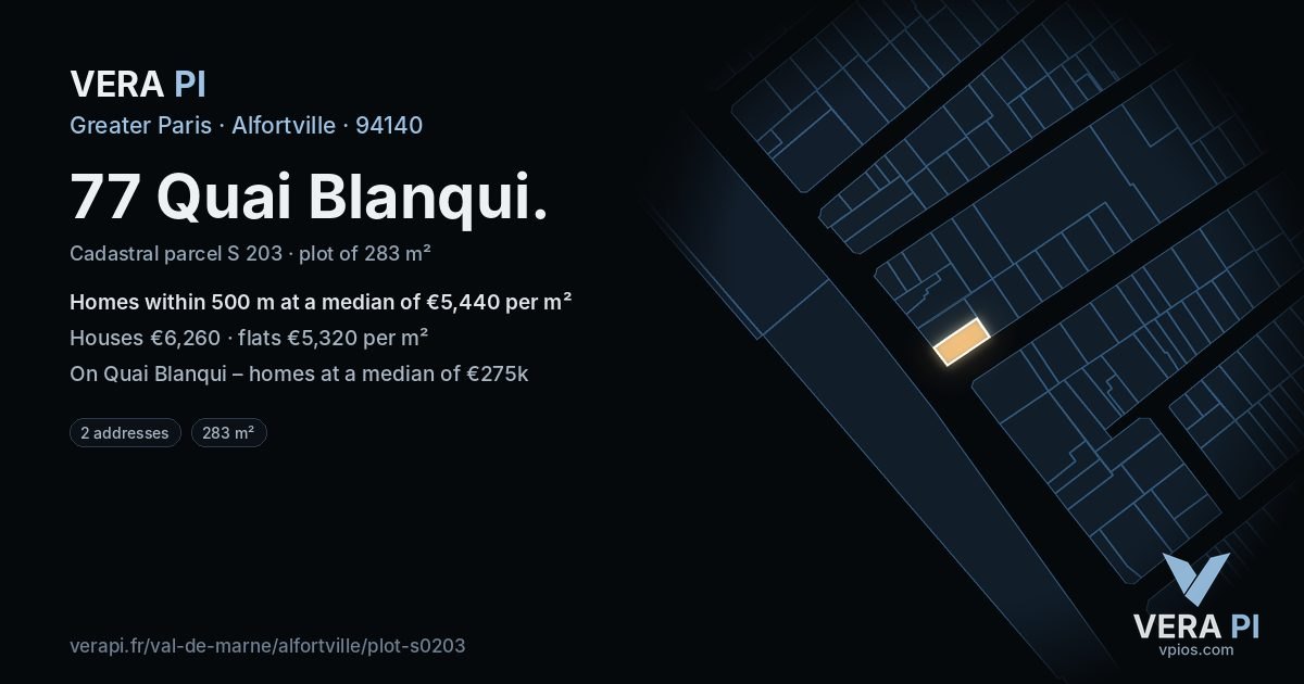 77 Quai Blanqui, Alfortville at night – the plot lit, the parcels around coloured by the prices near them