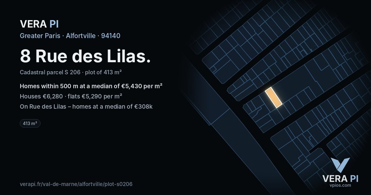 8 Rue des Lilas, Alfortville at night – the plot lit, the parcels around coloured by the prices near them