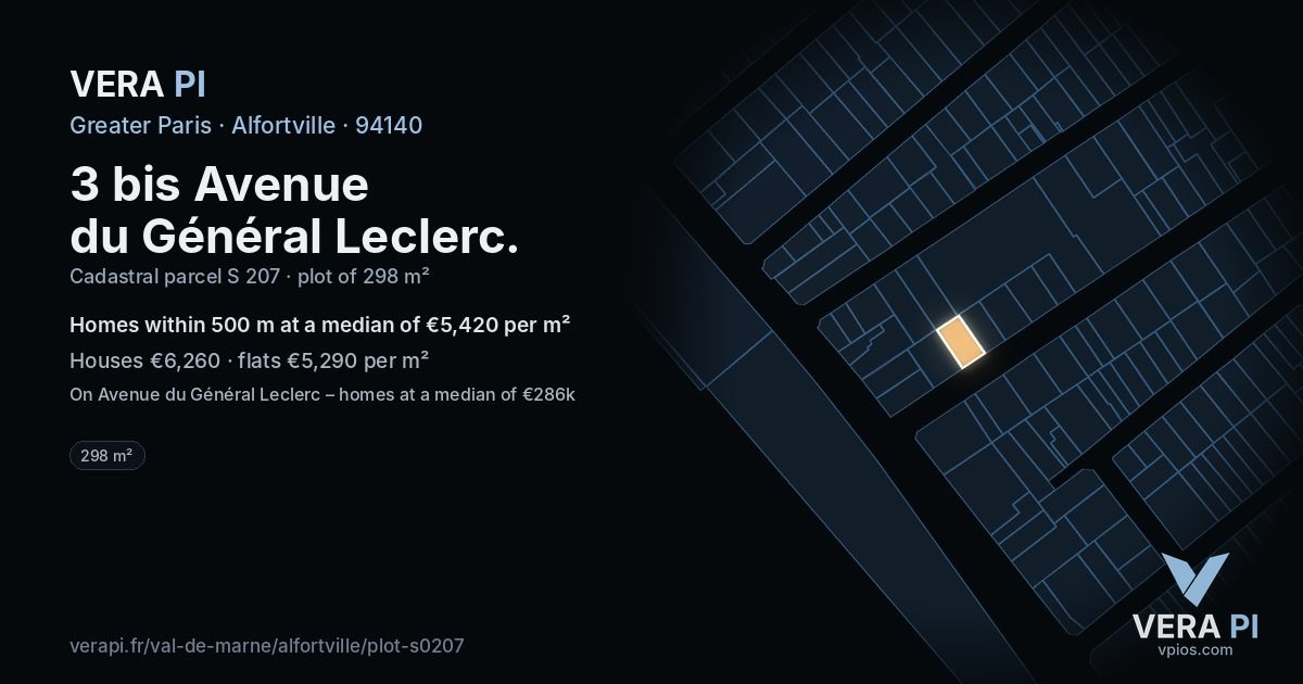 3 bis Avenue du Général Leclerc, Alfortville at night – the plot lit, the parcels around coloured by the prices near them