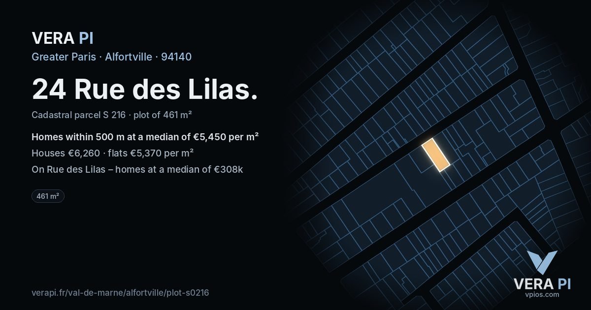 24 Rue des Lilas, Alfortville at night – the plot lit, the parcels around coloured by the prices near them
