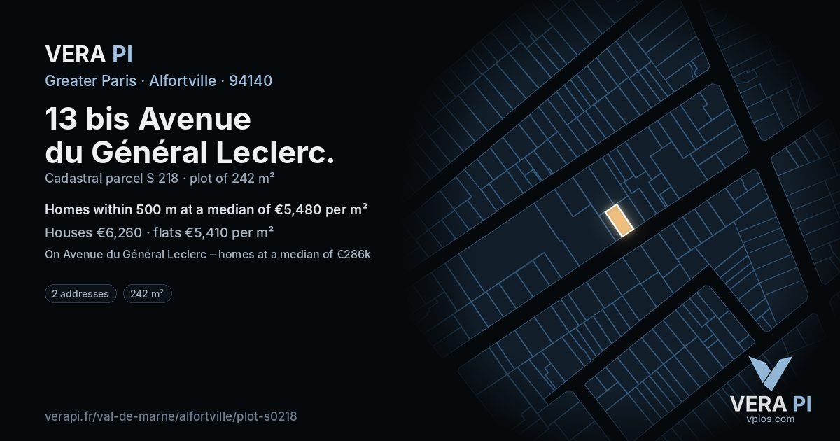 13 bis Avenue du Général Leclerc, Alfortville at night – the plot lit, the parcels around coloured by the prices near them