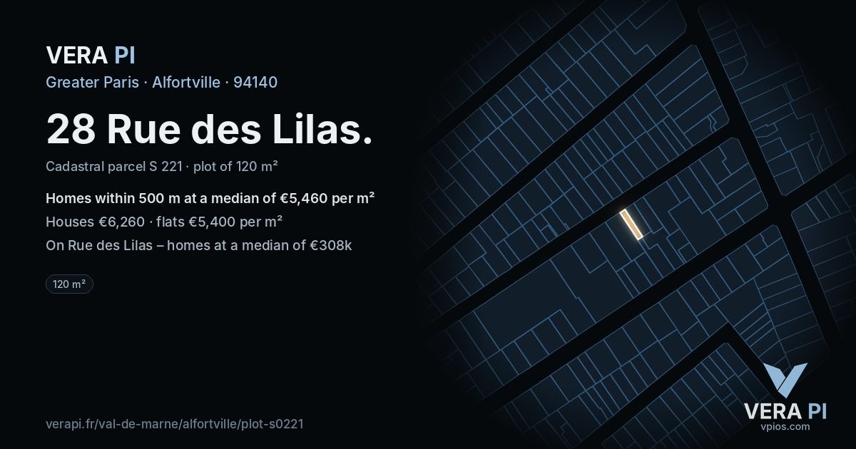 28 Rue des Lilas, Alfortville at night – the plot lit, the parcels around coloured by the prices near them