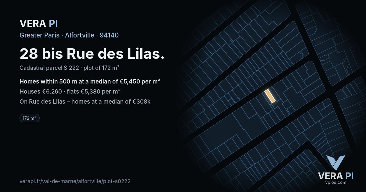28 bis Rue des Lilas, Alfortville at night – the plot lit, the parcels around coloured by the prices near them