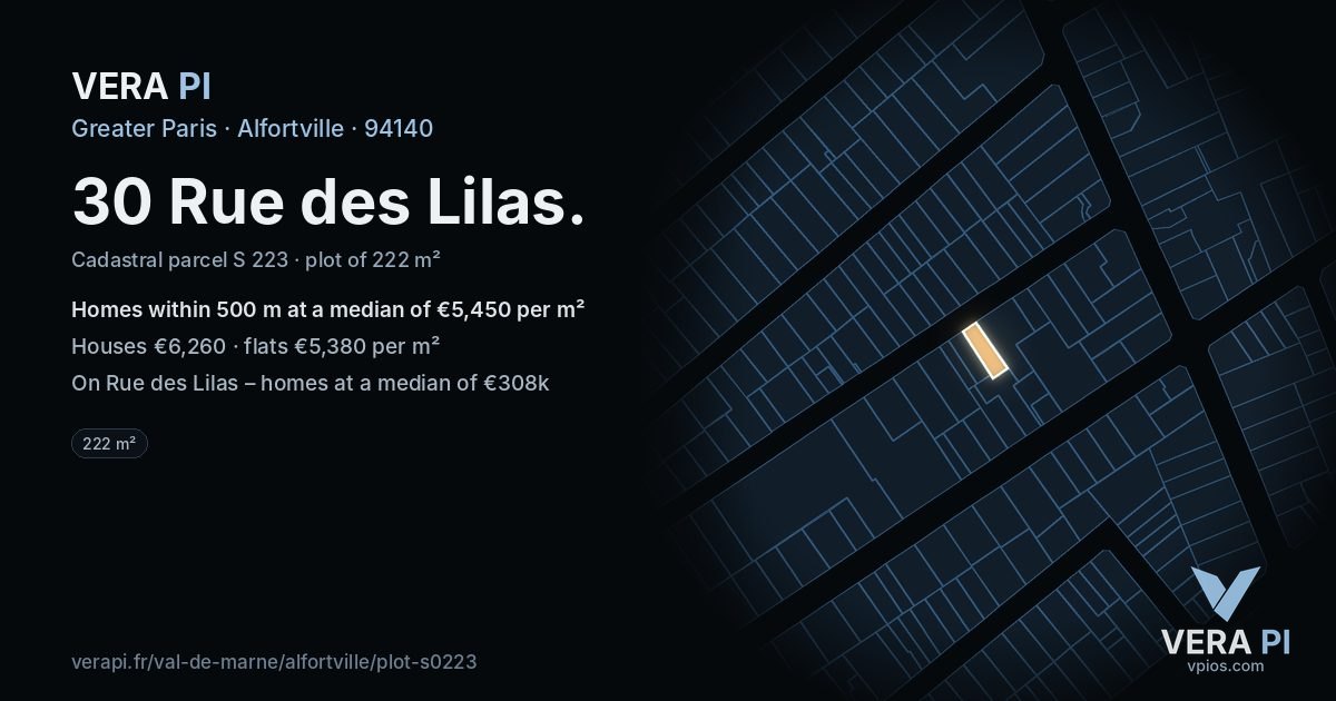 30 Rue des Lilas, Alfortville at night – the plot lit, the parcels around coloured by the prices near them