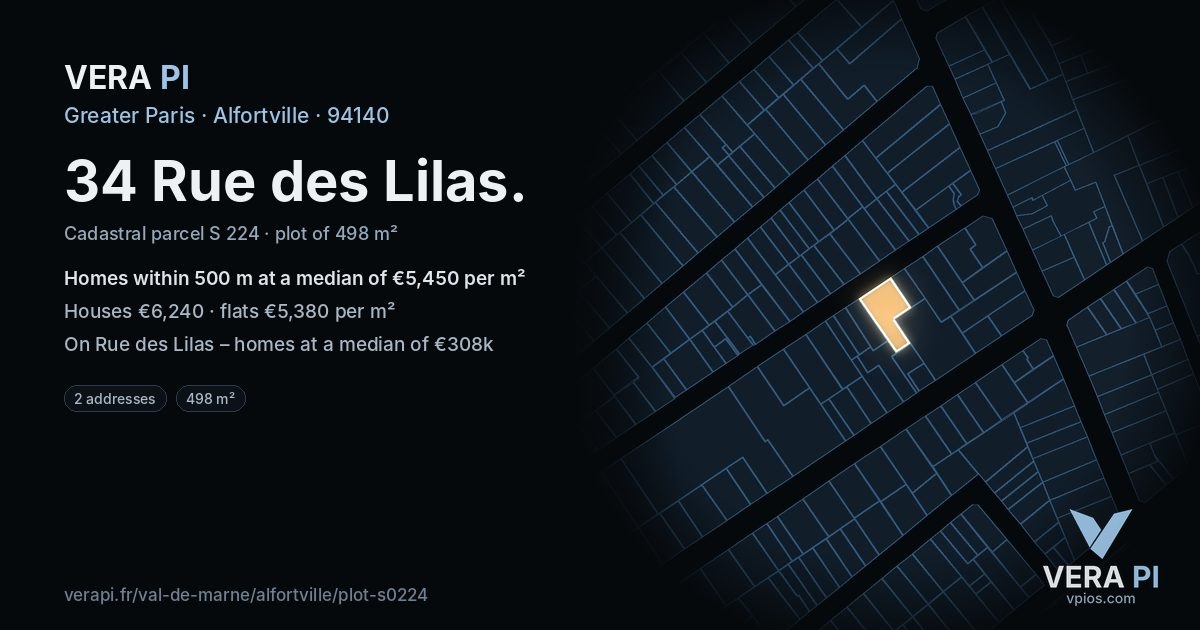 34 Rue des Lilas, Alfortville at night – the plot lit, the parcels around coloured by the prices near them