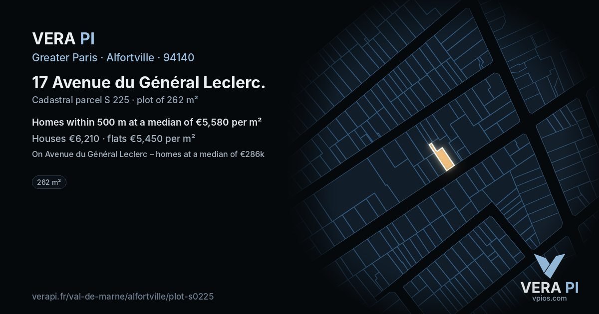 17 Avenue du Général Leclerc, Alfortville at night – the plot lit, the parcels around coloured by the prices near them