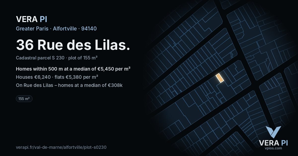 36 Rue des Lilas, Alfortville at night – the plot lit, the parcels around coloured by the prices near them