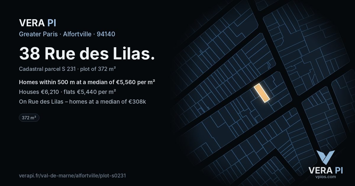 38 Rue des Lilas, Alfortville at night – the plot lit, the parcels around coloured by the prices near them