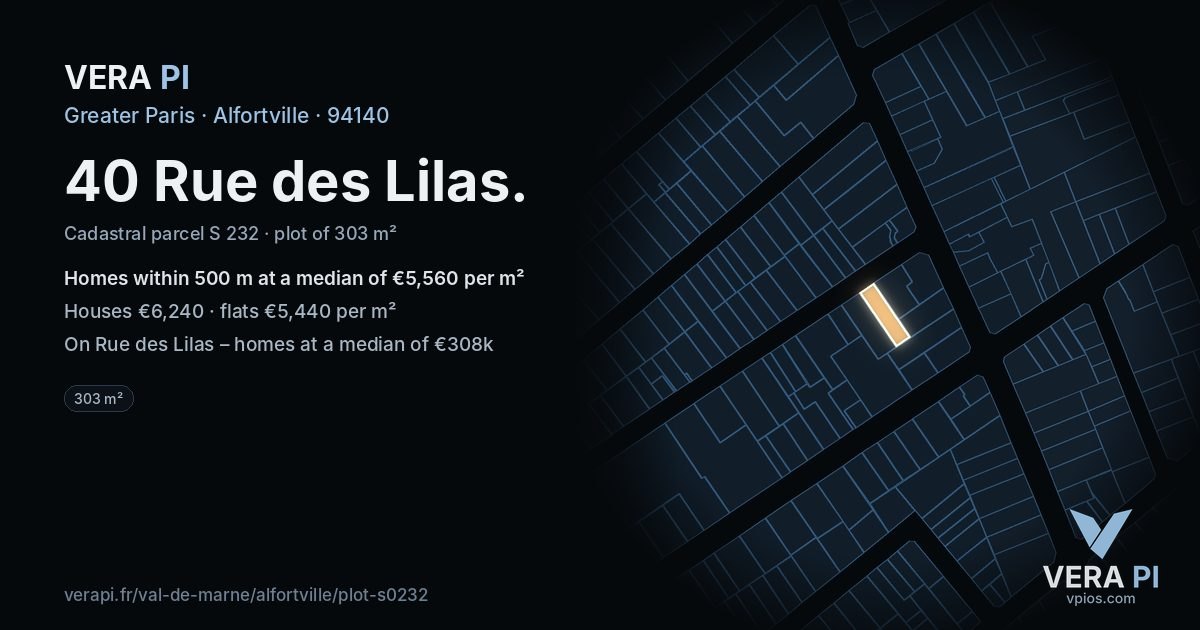 40 Rue des Lilas, Alfortville at night – the plot lit, the parcels around coloured by the prices near them
