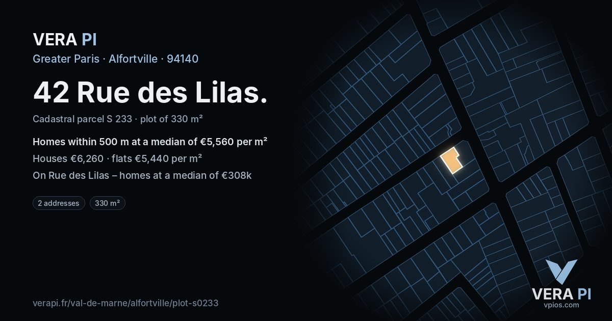 42 Rue des Lilas, Alfortville at night – the plot lit, the parcels around coloured by the prices near them