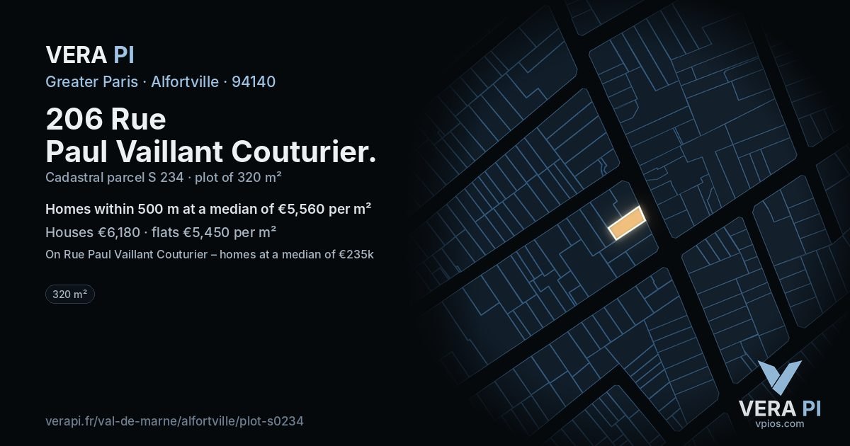 206 Rue Paul Vaillant Couturier, Alfortville at night – the plot lit, the parcels around coloured by the prices near them