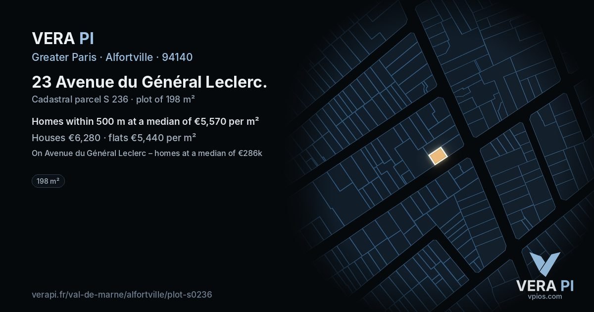 23 Avenue du Général Leclerc, Alfortville at night – the plot lit, the parcels around coloured by the prices near them