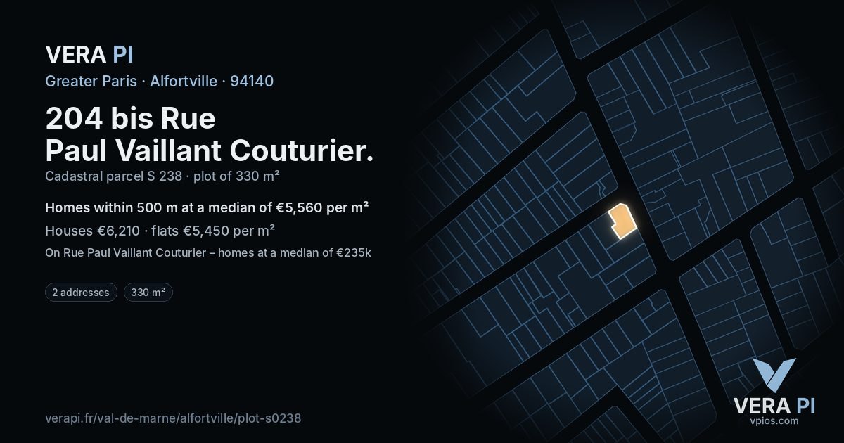 204 bis Rue Paul Vaillant Couturier, Alfortville at night – the plot lit, the parcels around coloured by the prices near them