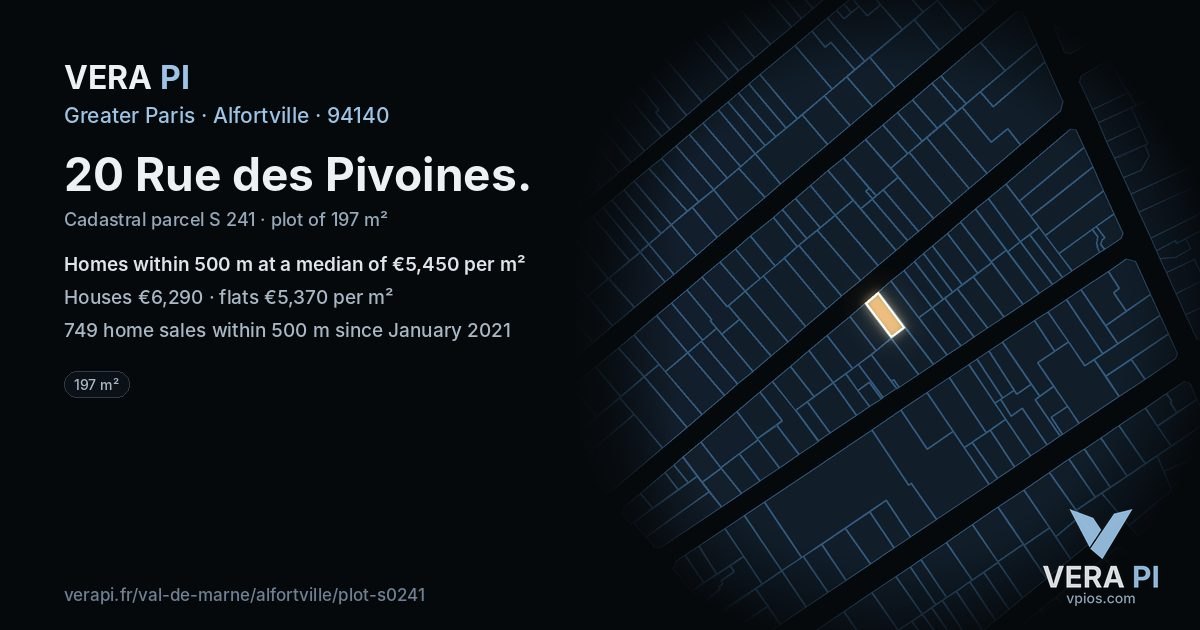 20 Rue des Pivoines, Alfortville at night – the plot lit, the parcels around coloured by the prices near them