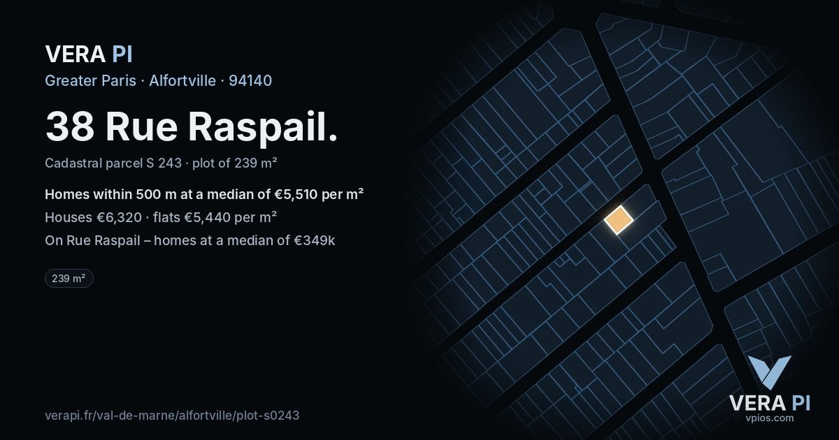 38 Rue Raspail, Alfortville at night – the plot lit, the parcels around coloured by the prices near them