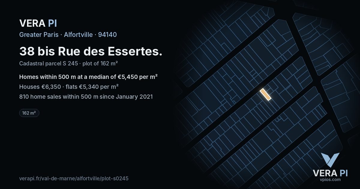 38 bis Rue des Essertes, Alfortville at night – the plot lit, the parcels around coloured by the prices near them
