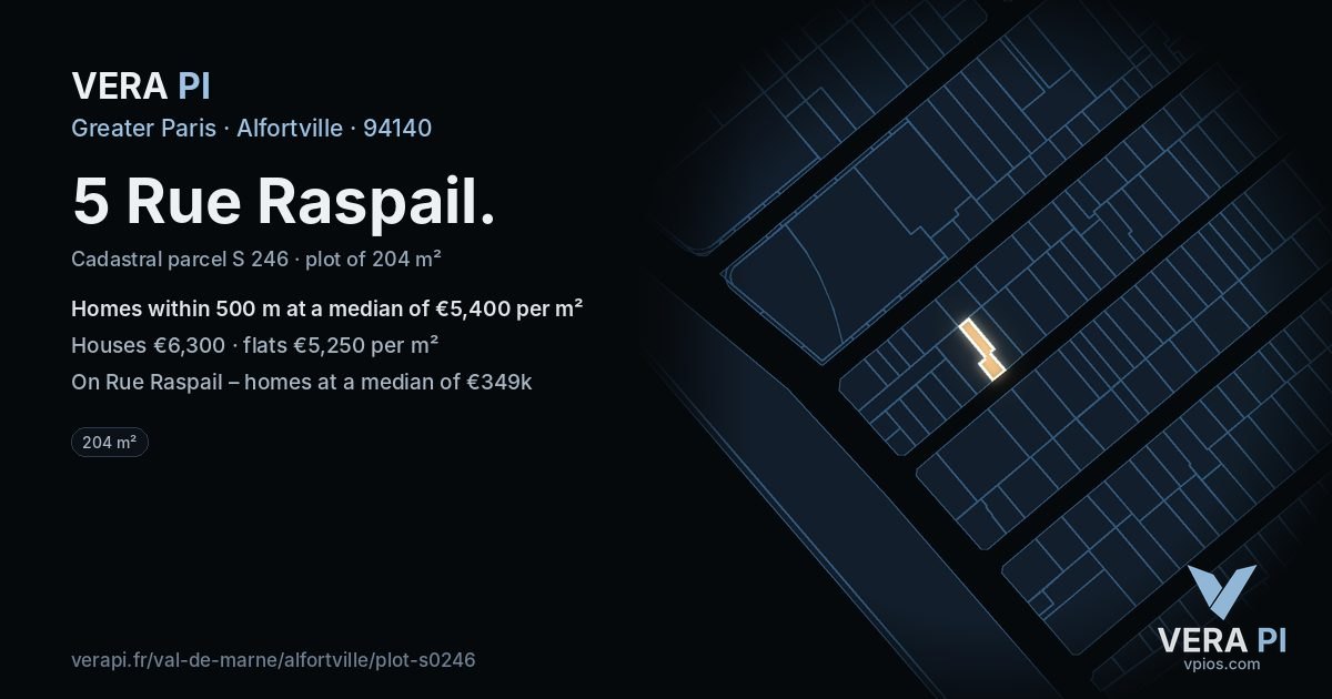 5 Rue Raspail, Alfortville at night – the plot lit, the parcels around coloured by the prices near them