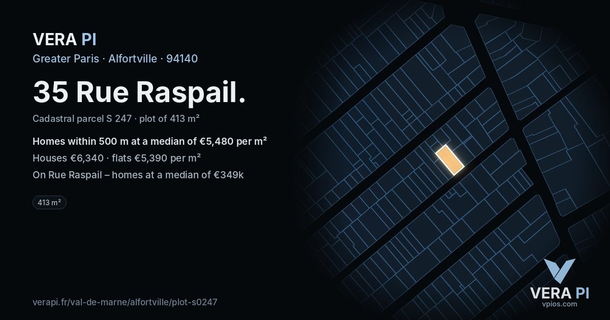 35 Rue Raspail, Alfortville at night – the plot lit, the parcels around coloured by the prices near them
