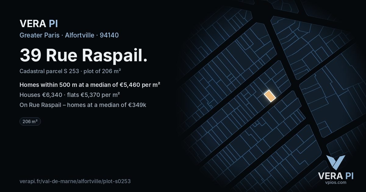 39 Rue Raspail, Alfortville at night – the plot lit, the parcels around coloured by the prices near them