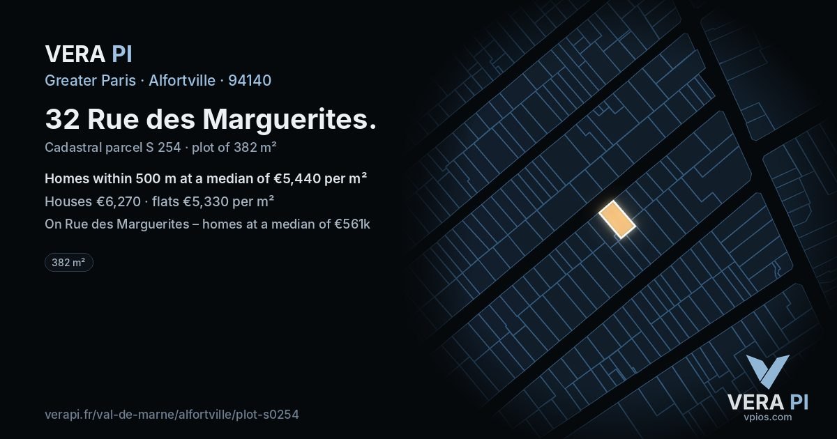 32 Rue des Marguerites, Alfortville at night – the plot lit, the parcels around coloured by the prices near them