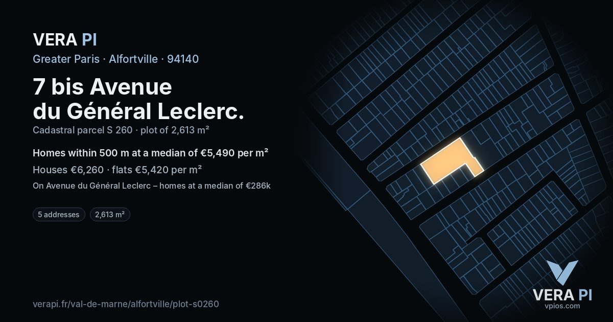 7 bis Avenue du Général Leclerc, Alfortville at night – the plot lit, the parcels around coloured by the prices near them