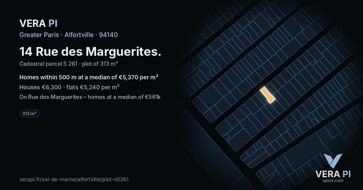 14 Rue des Marguerites, Alfortville at night – the plot lit, the parcels around coloured by the prices near them