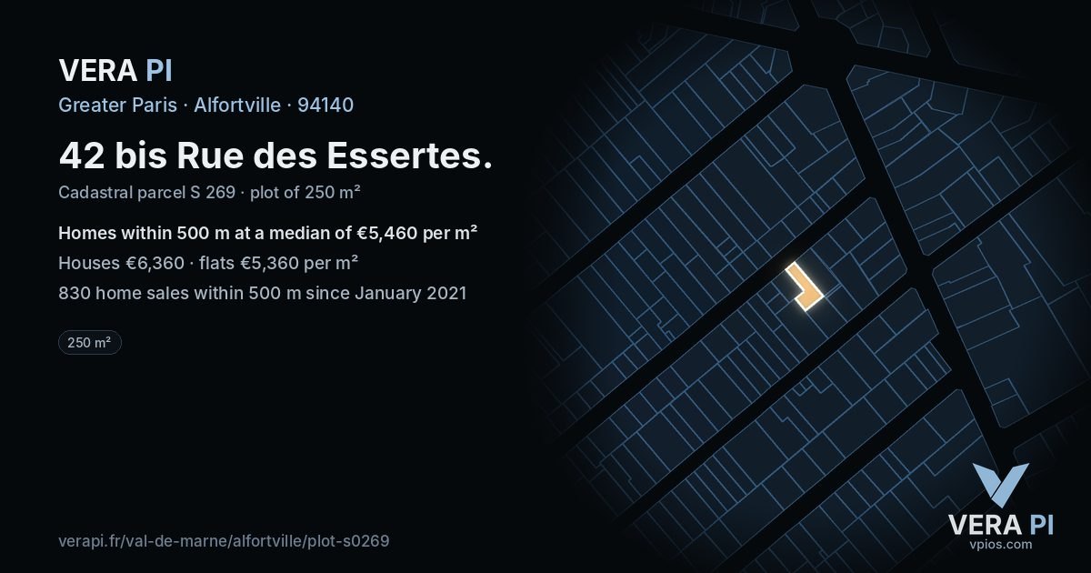 42 bis Rue des Essertes, Alfortville at night – the plot lit, the parcels around coloured by the prices near them