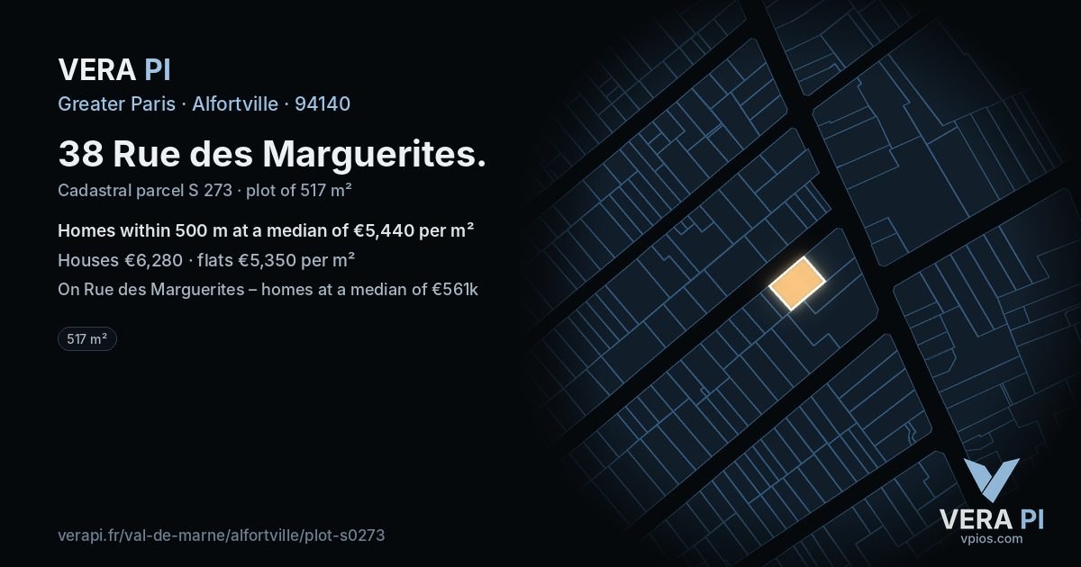 38 Rue des Marguerites, Alfortville at night – the plot lit, the parcels around coloured by the prices near them