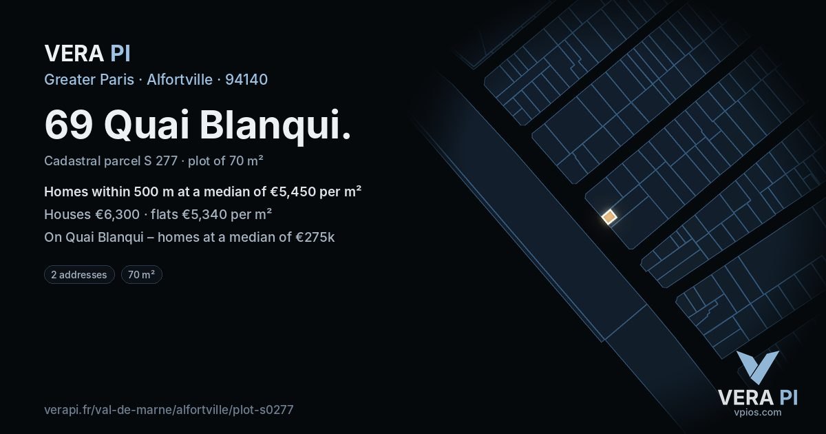 69 Quai Blanqui, Alfortville at night – the plot lit, the parcels around coloured by the prices near them