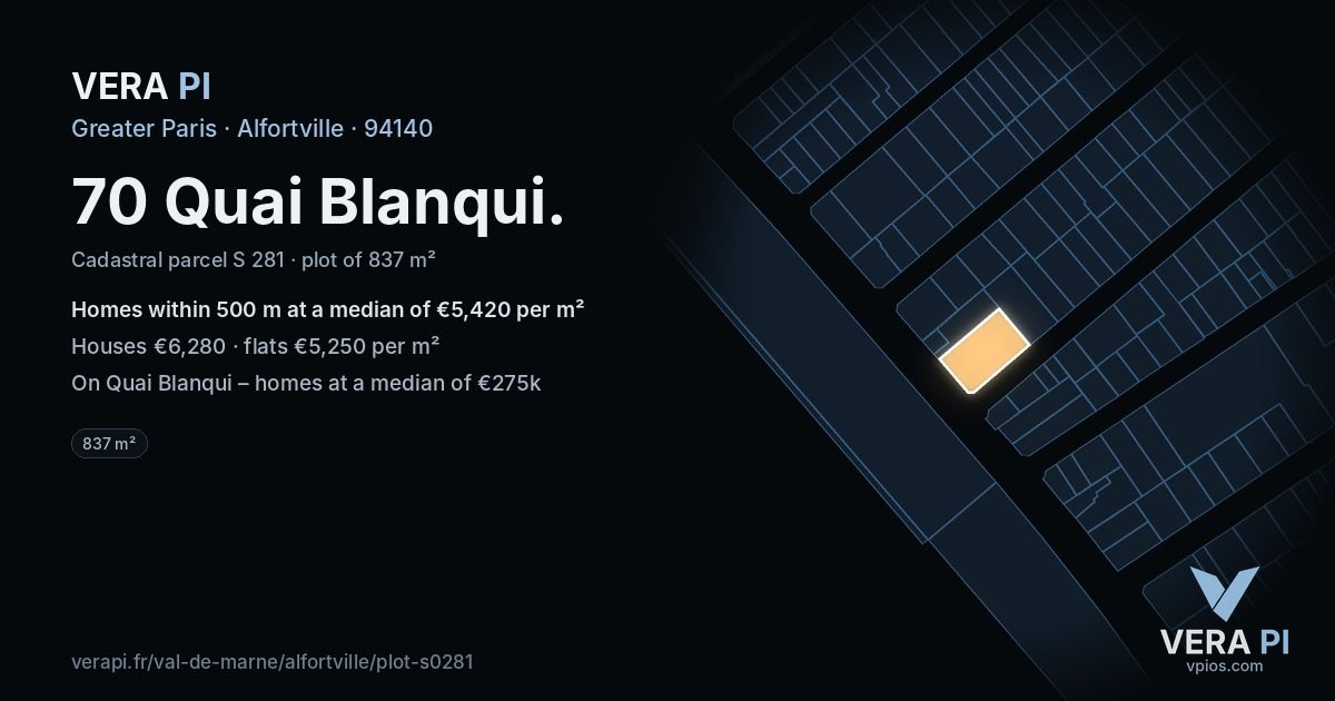 70 Quai Blanqui, Alfortville at night – the plot lit, the parcels around coloured by the prices near them