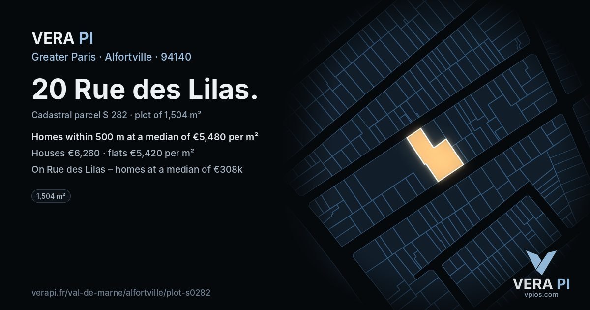 20 Rue des Lilas, Alfortville at night – the plot lit, the parcels around coloured by the prices near them