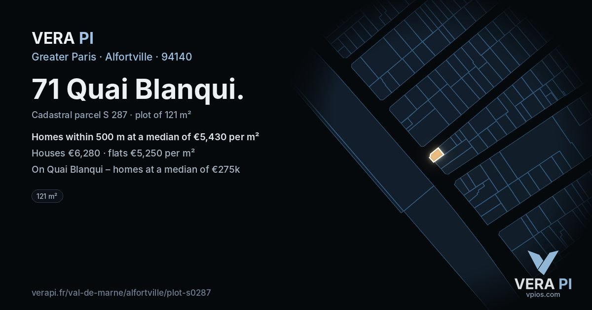 71 Quai Blanqui, Alfortville at night – the plot lit, the parcels around coloured by the prices near them