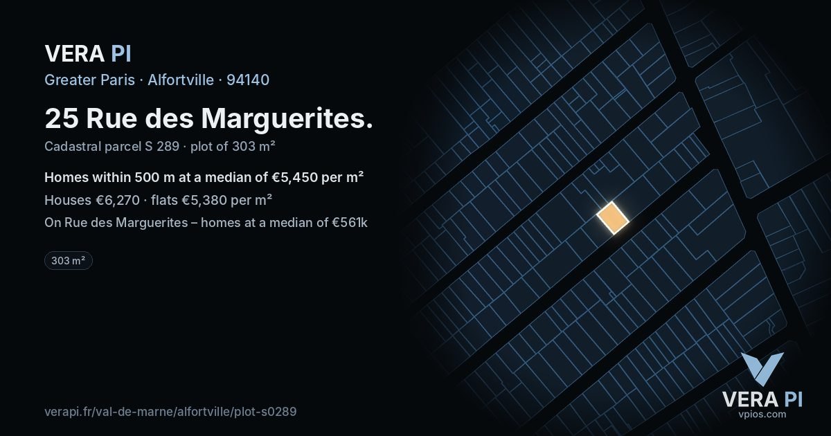 25 Rue des Marguerites, Alfortville at night – the plot lit, the parcels around coloured by the prices near them