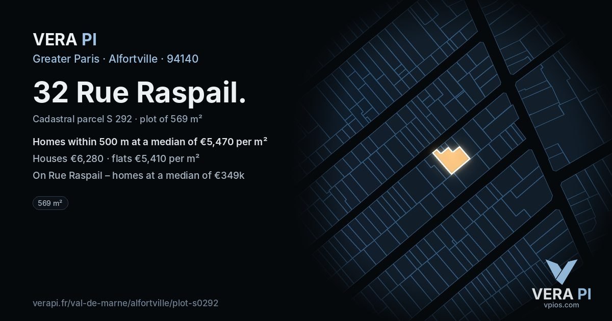 32 Rue Raspail, Alfortville at night – the plot lit, the parcels around coloured by the prices near them