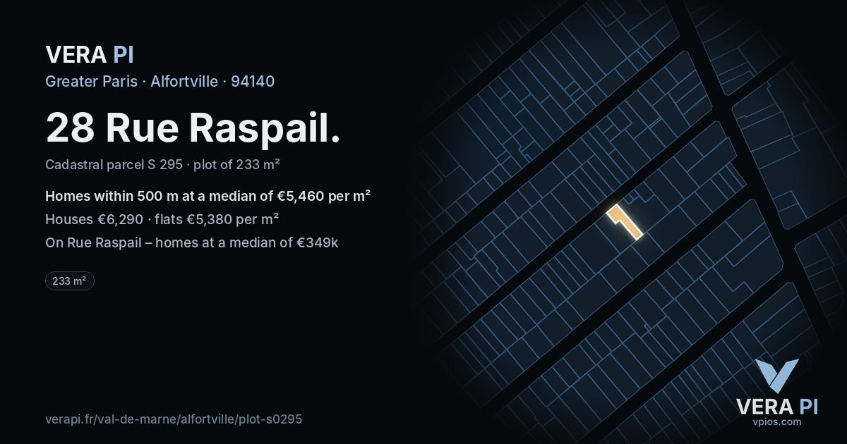 28 Rue Raspail, Alfortville at night – the plot lit, the parcels around coloured by the prices near them