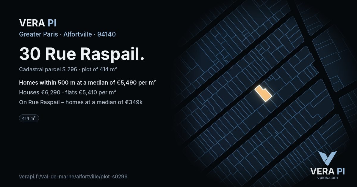 30 Rue Raspail, Alfortville at night – the plot lit, the parcels around coloured by the prices near them