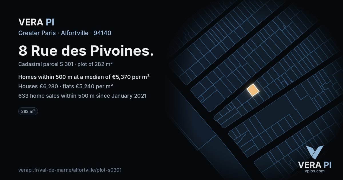 8 Rue des Pivoines, Alfortville at night – the plot lit, the parcels around coloured by the prices near them